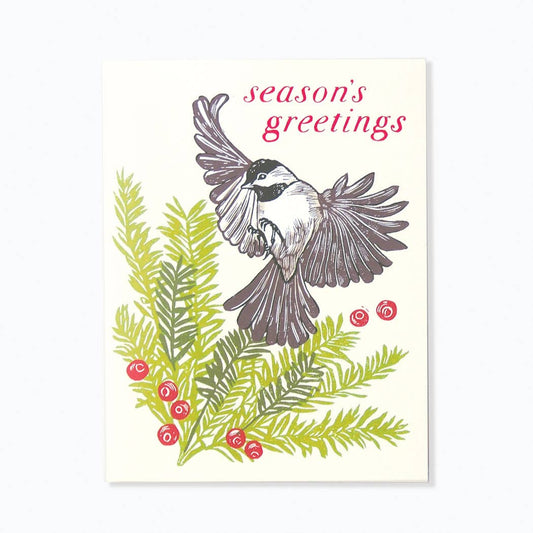 'Chickadee & Larch' Linocut Holiday Card by Hawk and Rose