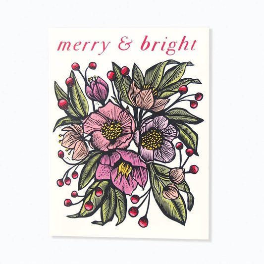 'Merry & Bright' Linocut Holiday Card by Hawk and Rose