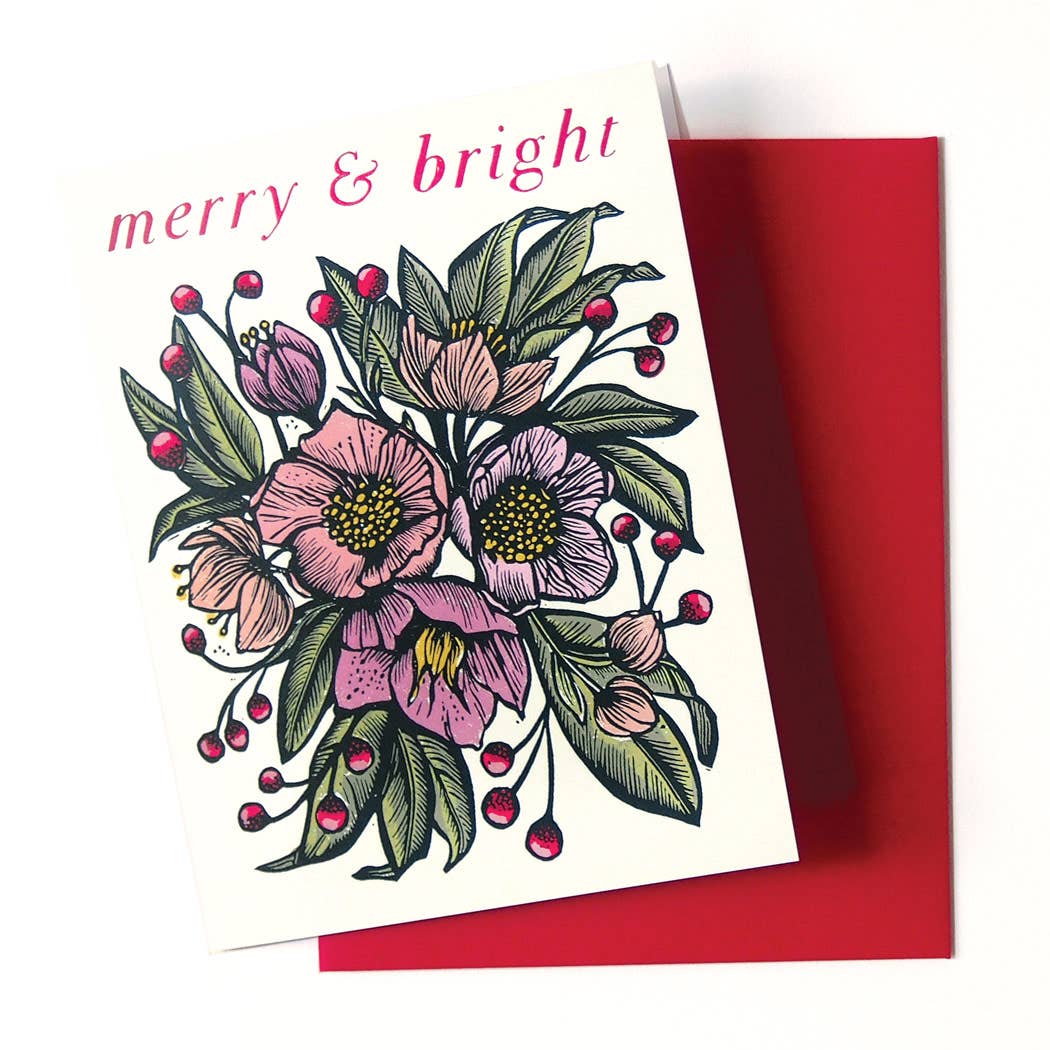 'Merry & Bright' Linocut Holiday Card by Hawk and Rose