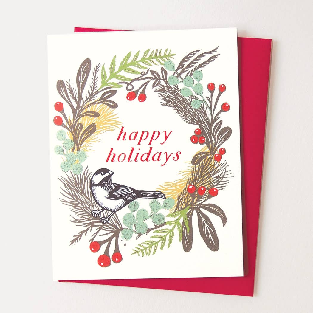 'Holiday Wreath' Linocut Holiday Card by Hawk and Rose