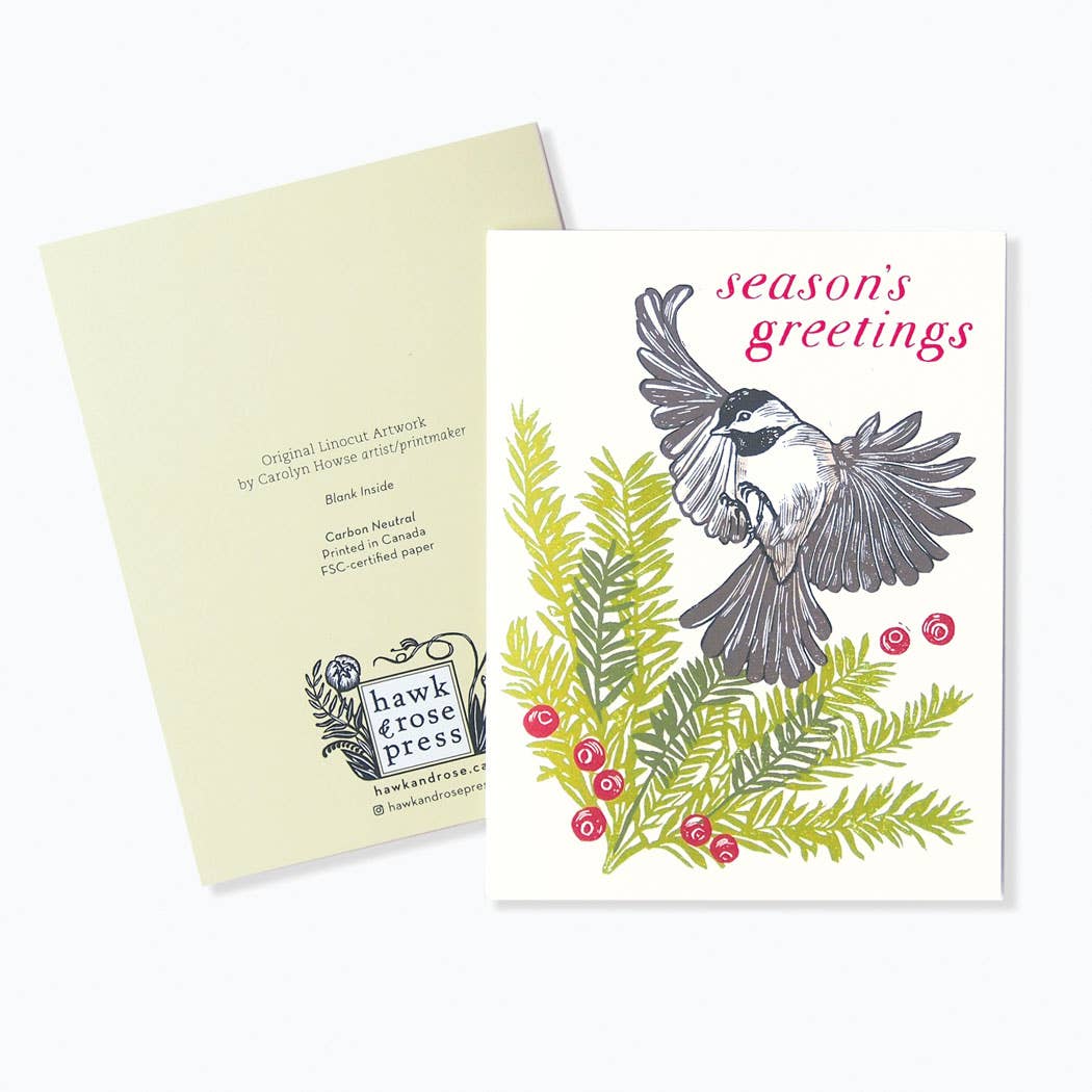 'Chickadee & Larch' Linocut Holiday Card by Hawk and Rose