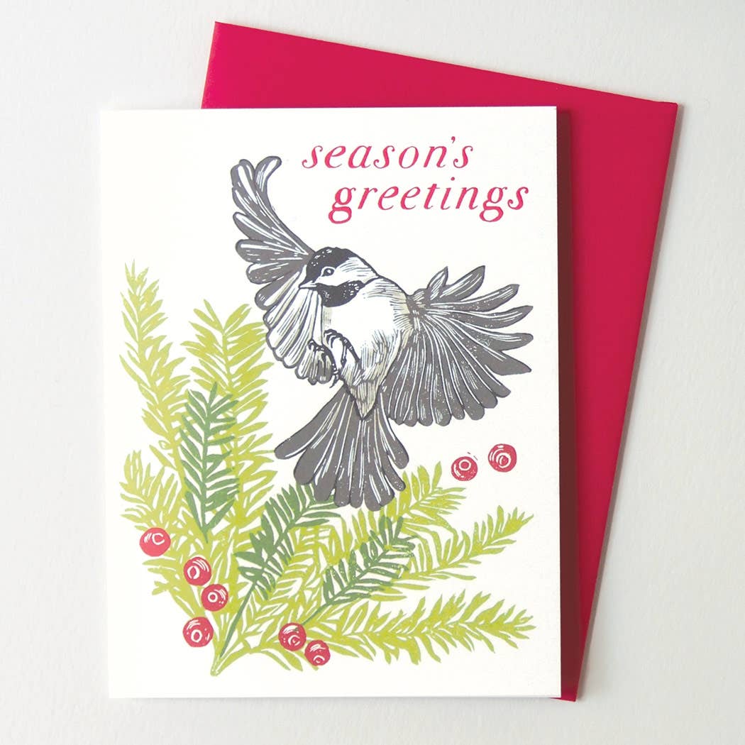 'Chickadee & Larch' Linocut Holiday Card by Hawk and Rose