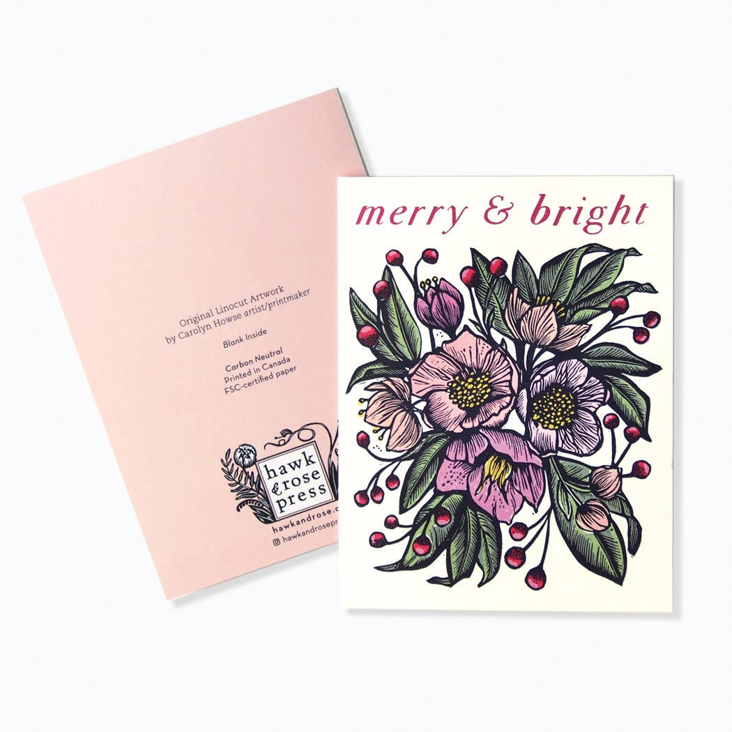 'Merry & Bright' Linocut Holiday Card by Hawk and Rose