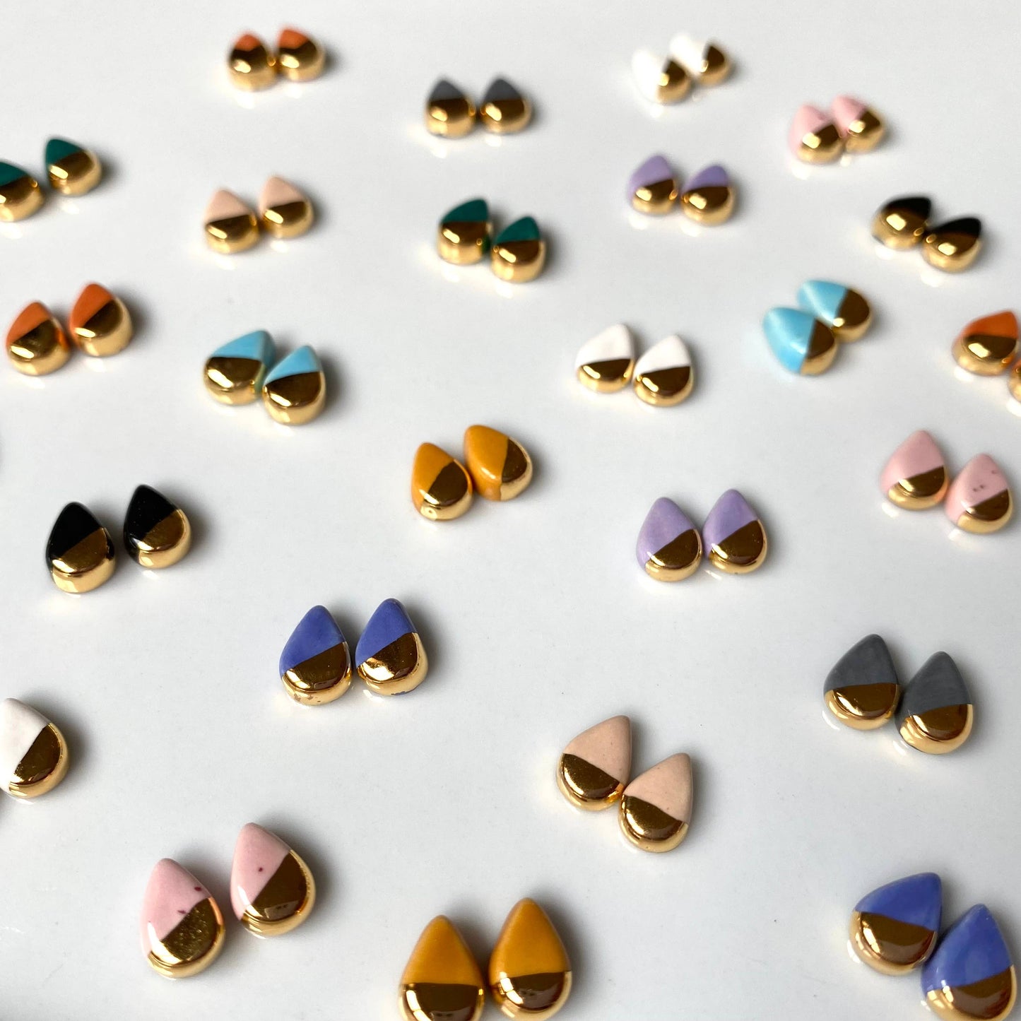 Mustard Ceramic Teardrop Gold Accent Stud Earrings