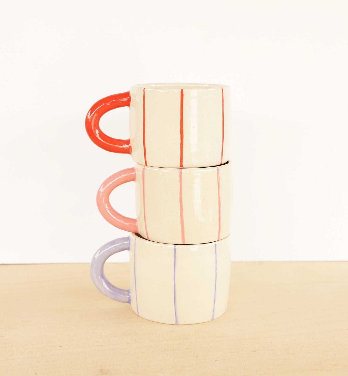 Short Ceramic Coffee Mug - Stripes: Poppy
