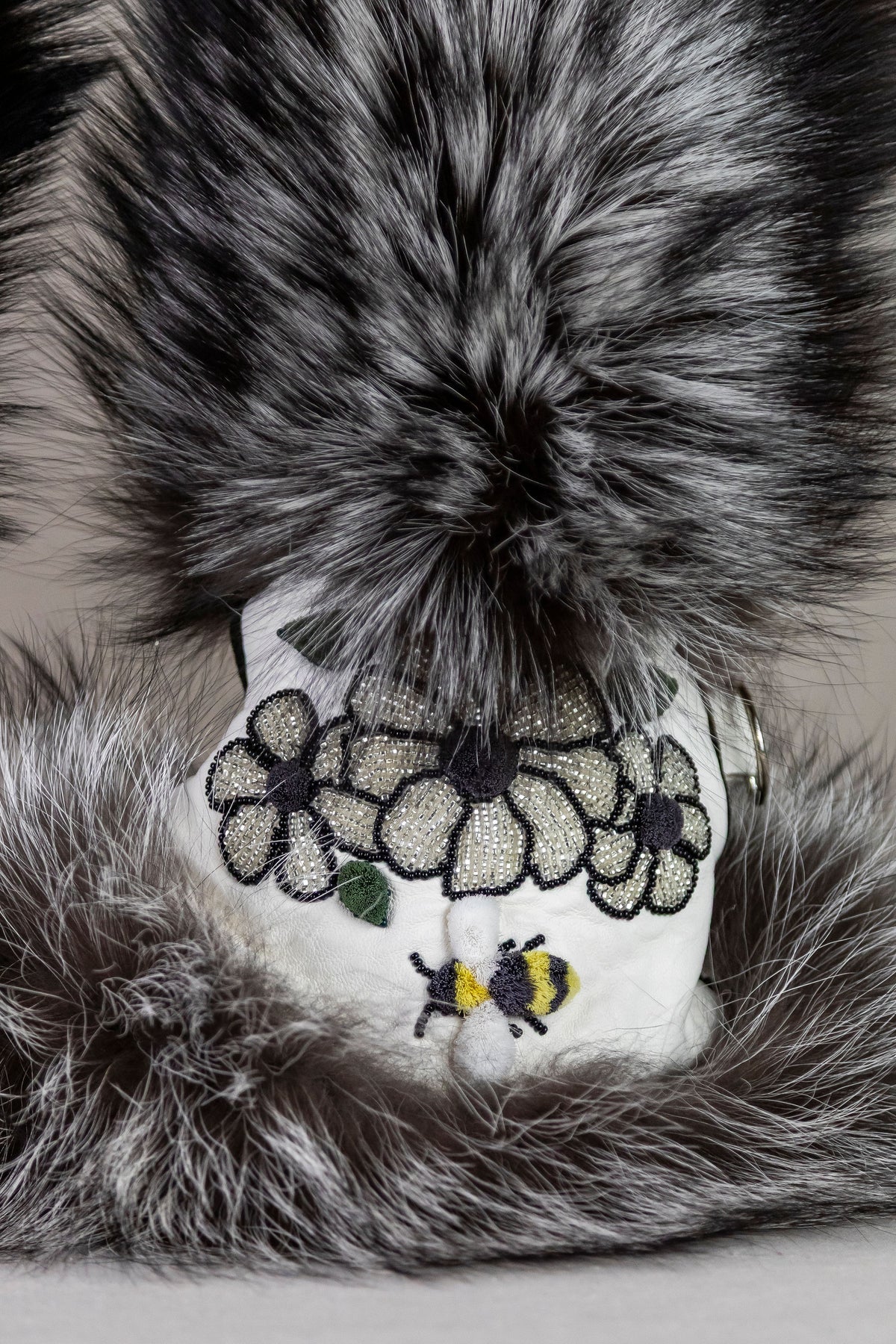Beaded Mittens White Flowers Caribour Fur Medium