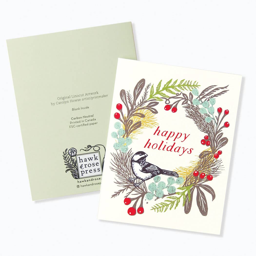 'Holiday Wreath' Linocut Holiday Card by Hawk and Rose