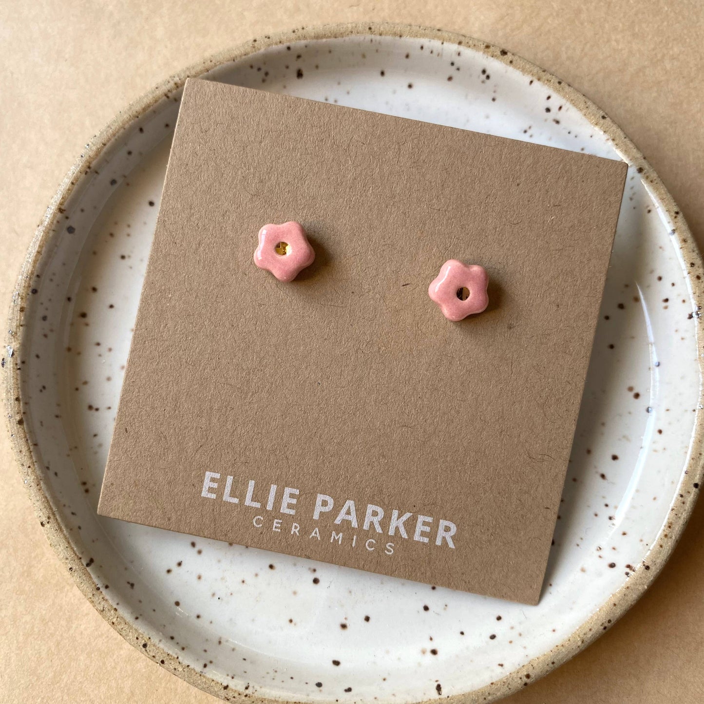 Pink Ceramic Flower Gold Accent Stud Earring
