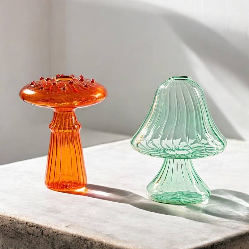 Orange and Green Mini Glass Mushroom Bud Vase: Green