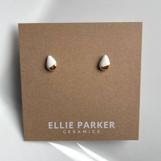 Teardrop White Ceramic Gold Accent Stud Earrings