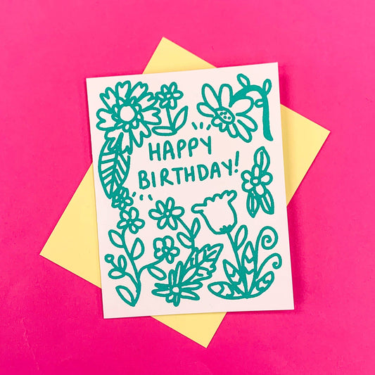 Happy Birthday Green Floral Greeting Card: Single Card