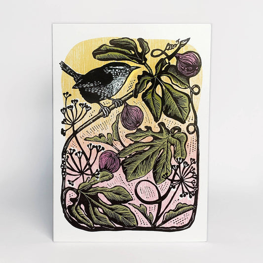 Wren & Figs Linocut Art Card by Hawk and Rose