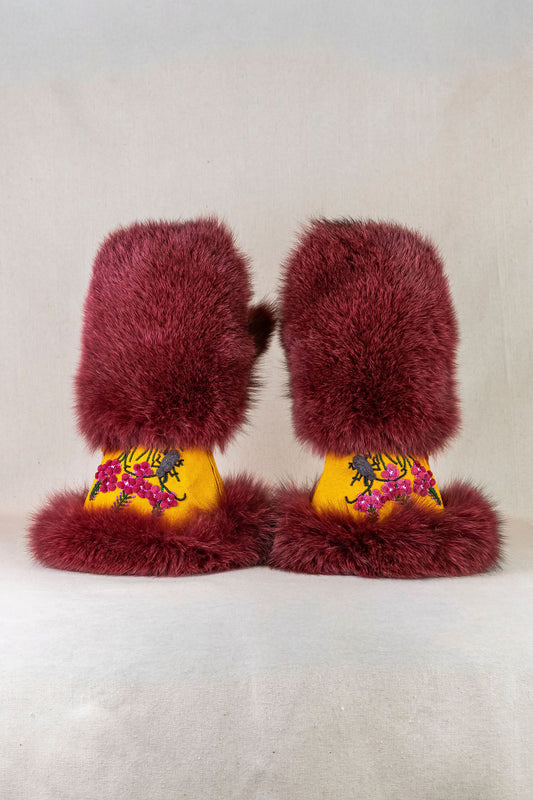 Beaded Mittens Fireweed and Spruce Bug Small