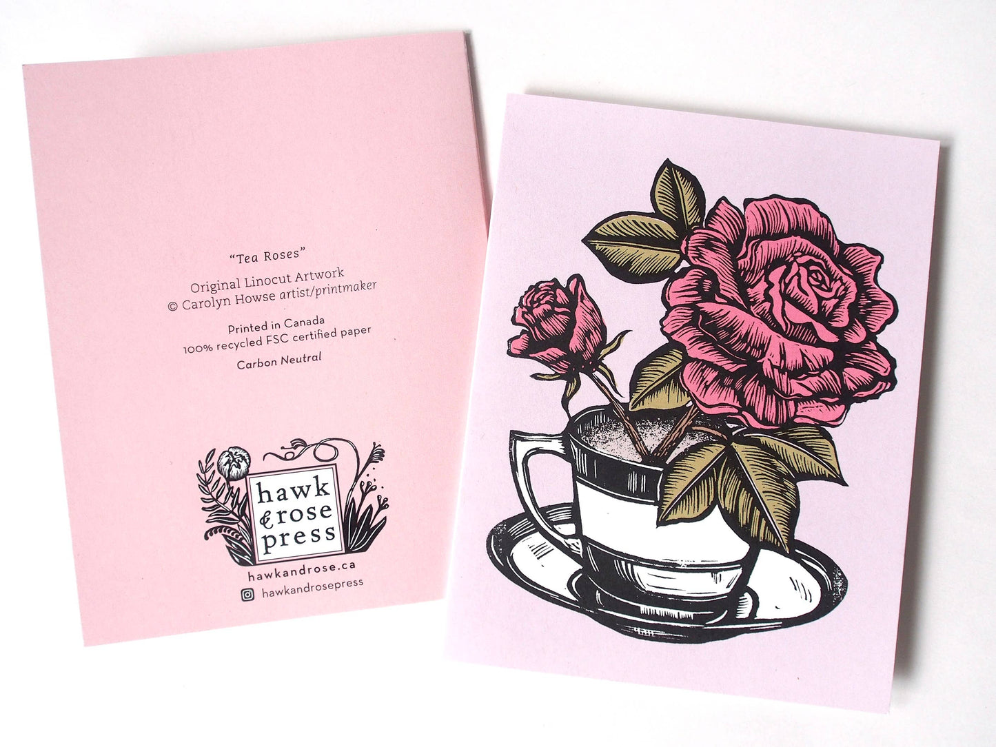 Tea Roses Linocut Card by Hawk and Rose