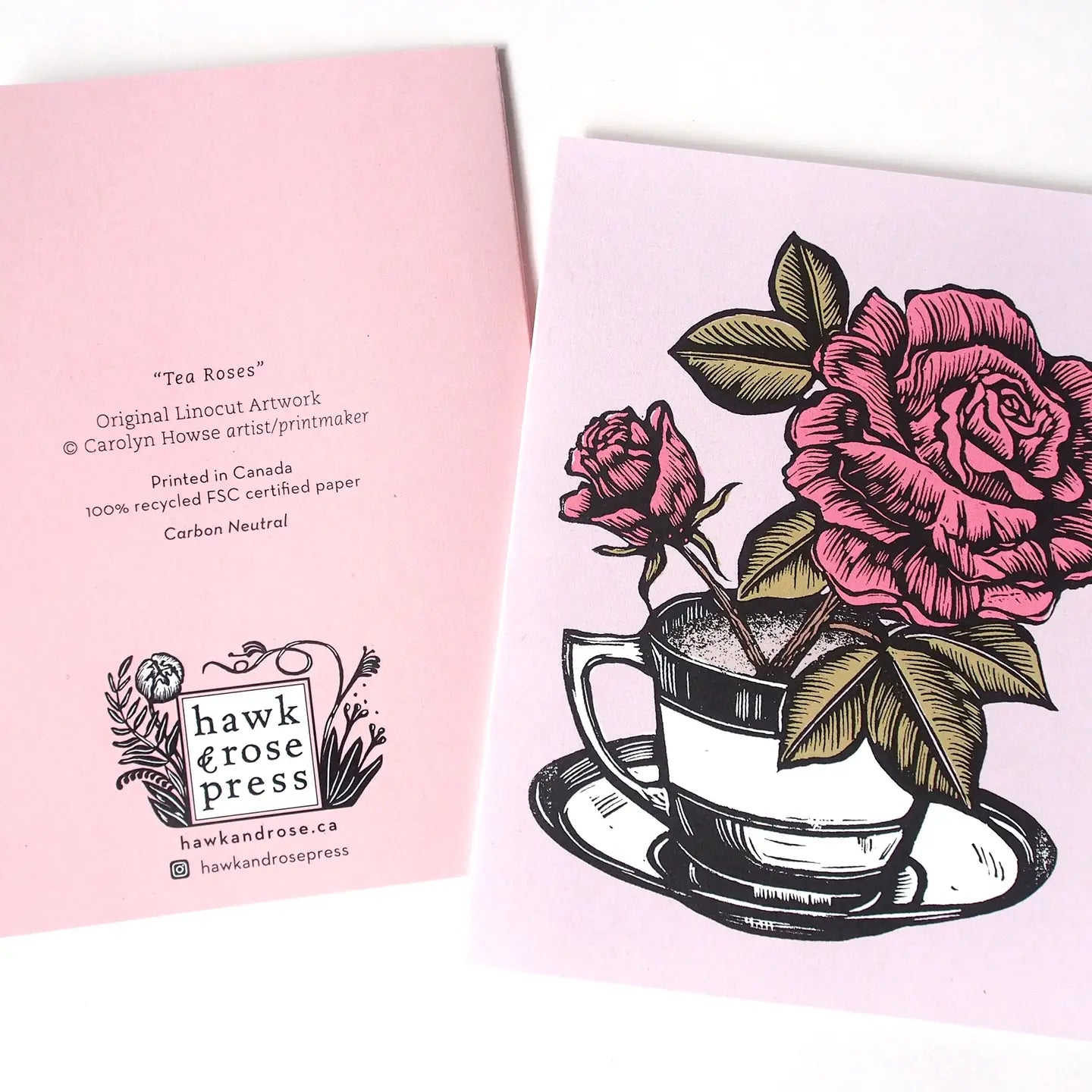 ‘Tea Roses" Linocut Art Card by Hawk and Rose