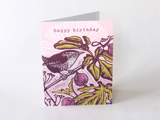 Wren Linocut Birthday Card by Hawk and Rose