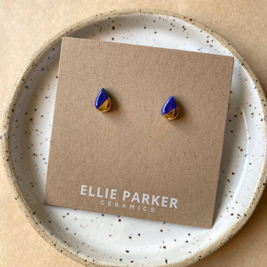 Teardrop Navy Blue Ceramic Gold Accent Stud Earring