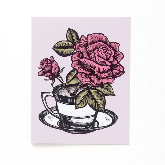 ‘Tea Roses" Linocut Art Card by Hawk and Rose