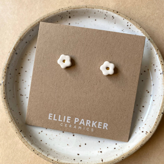 Flower White Ceramic Gold Accent Stud Earring